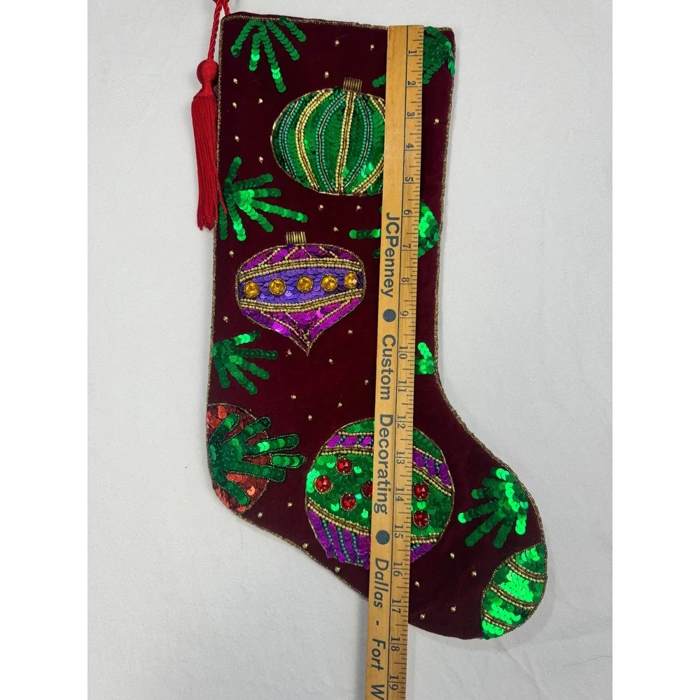 Prima Creations Velvet‎ Christmas Stocking Set Beaded Sequin Ornament Black Red